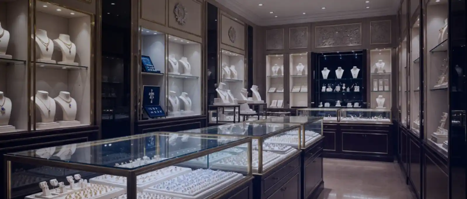 High-end jewellery showroom with illuminated display cabinets and valuable stock requiring specialist retail insurance