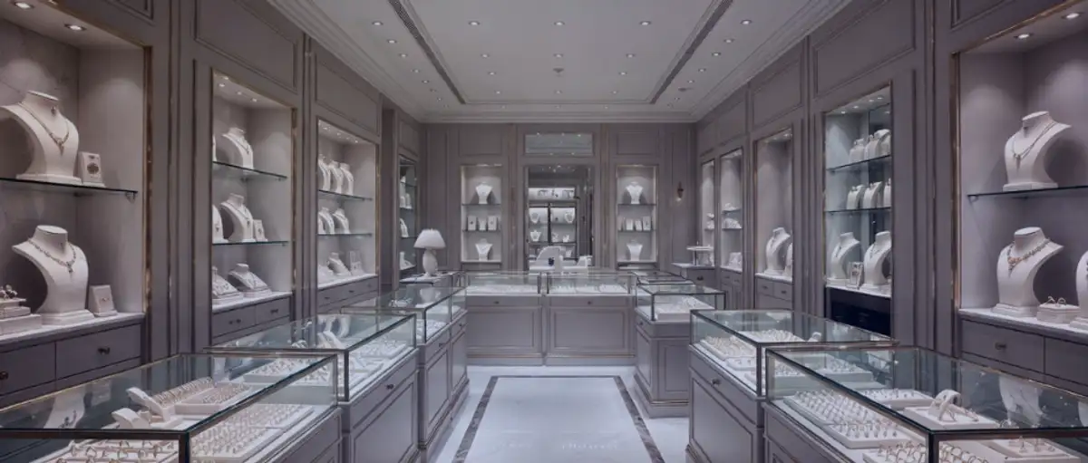 Boutique jewellery store interior with glass display cases and valuable inventory requiring comprehensive business insurance