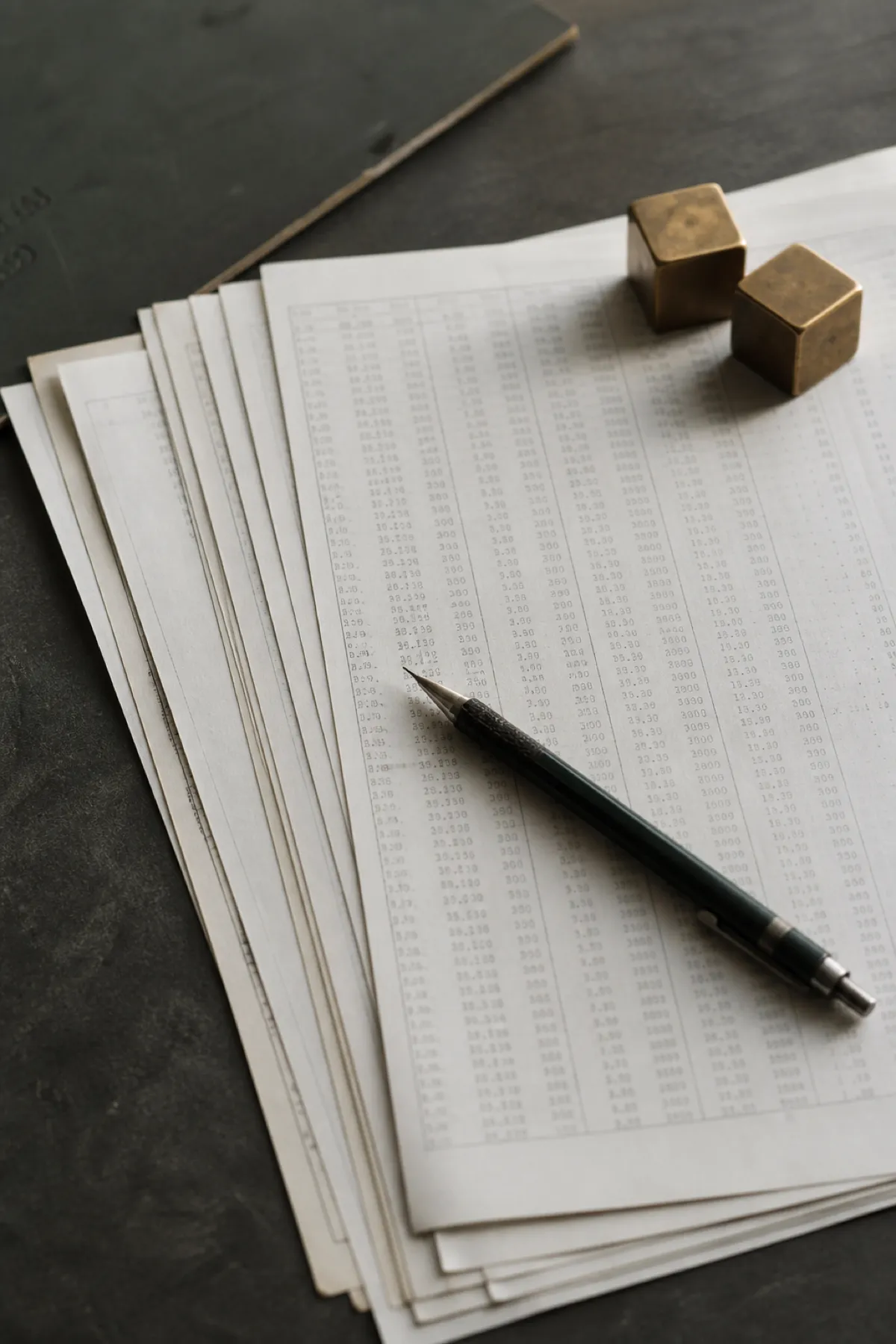 Fanned statistical printouts and pencil on a desk, professional indemnity cover for actuaries