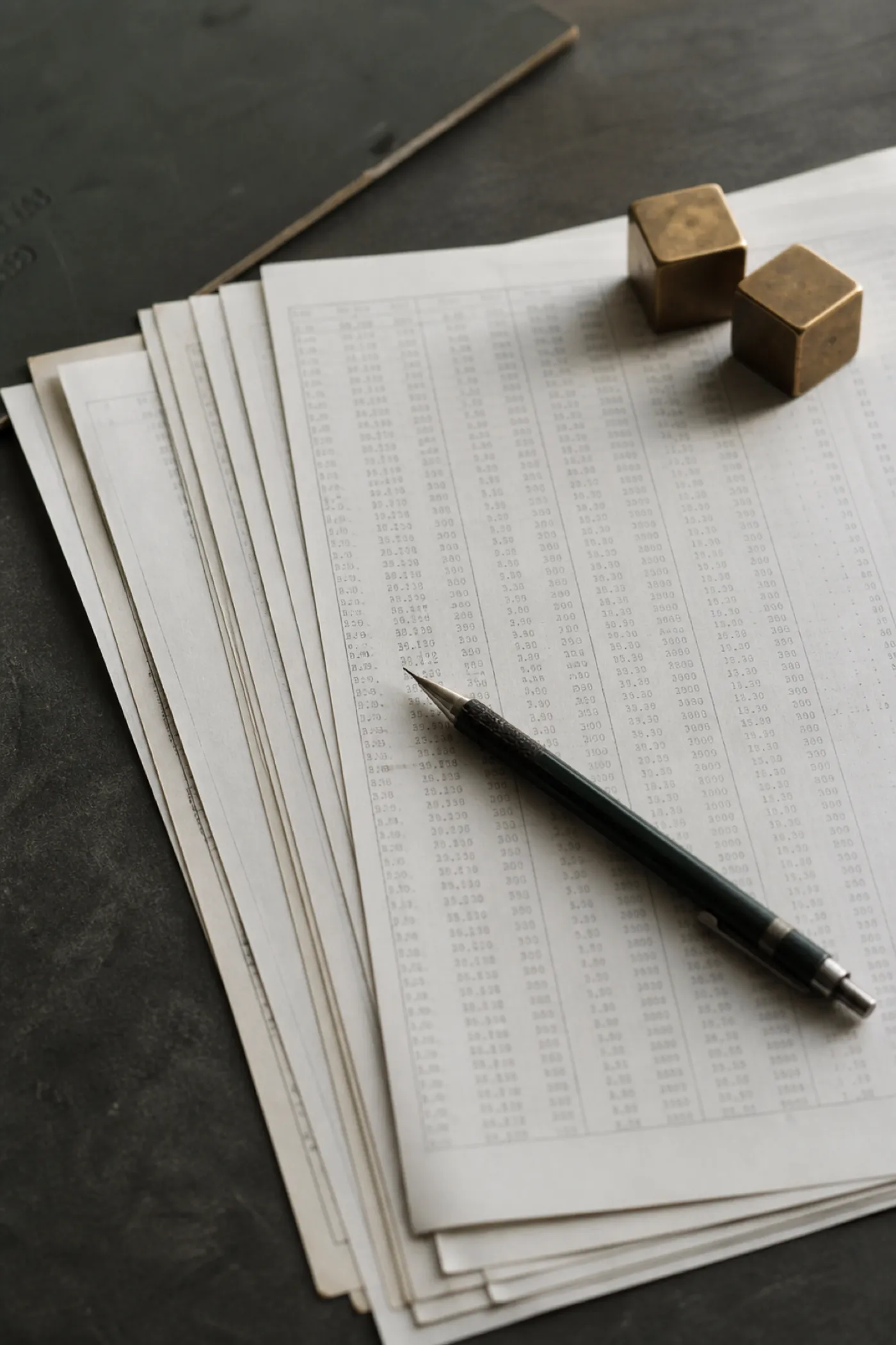 Fanned statistical printouts and pencil on a desk, professional indemnity cover for actuaries