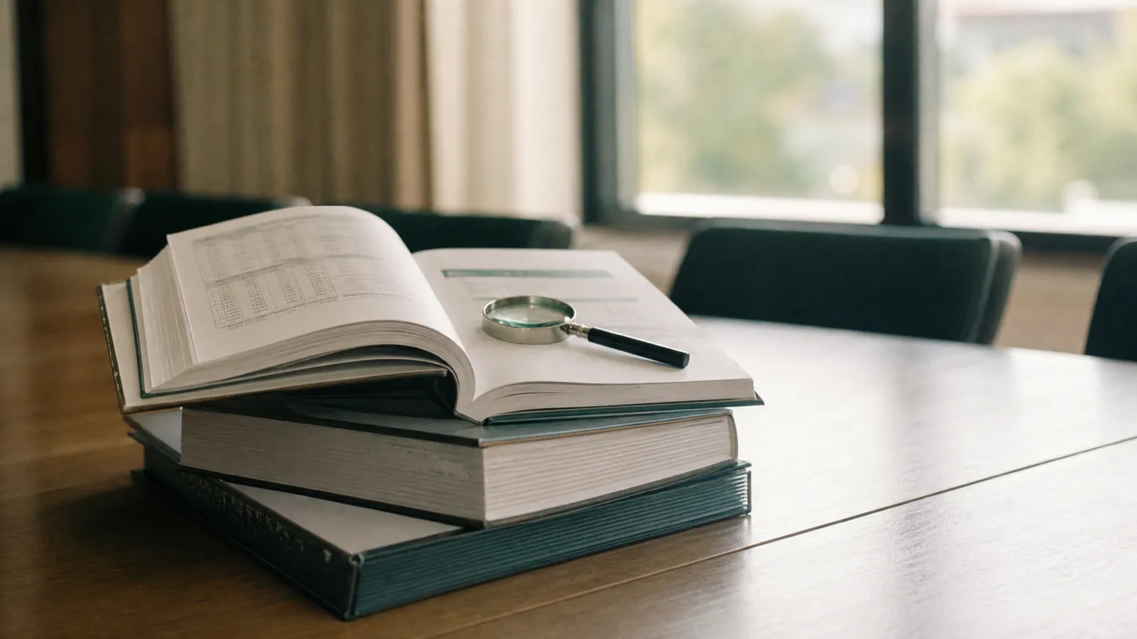 Printed valuation report volumes and magnifying glass on a table, actuarial professional indemnity insurance
