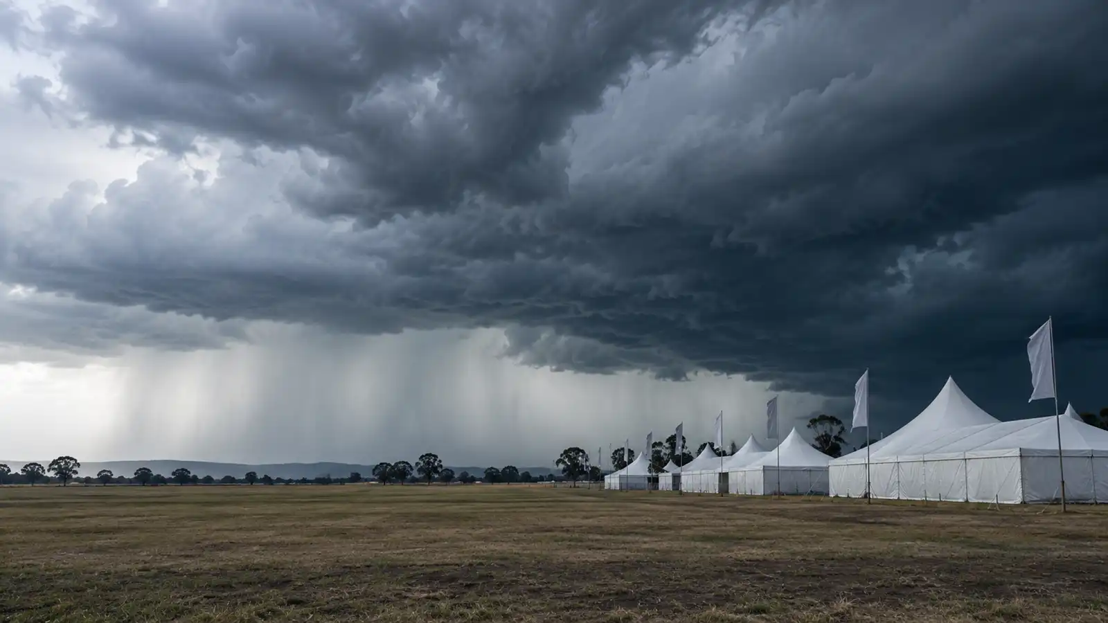 Storm front over event marquees at a showground, adverse weather cover for events