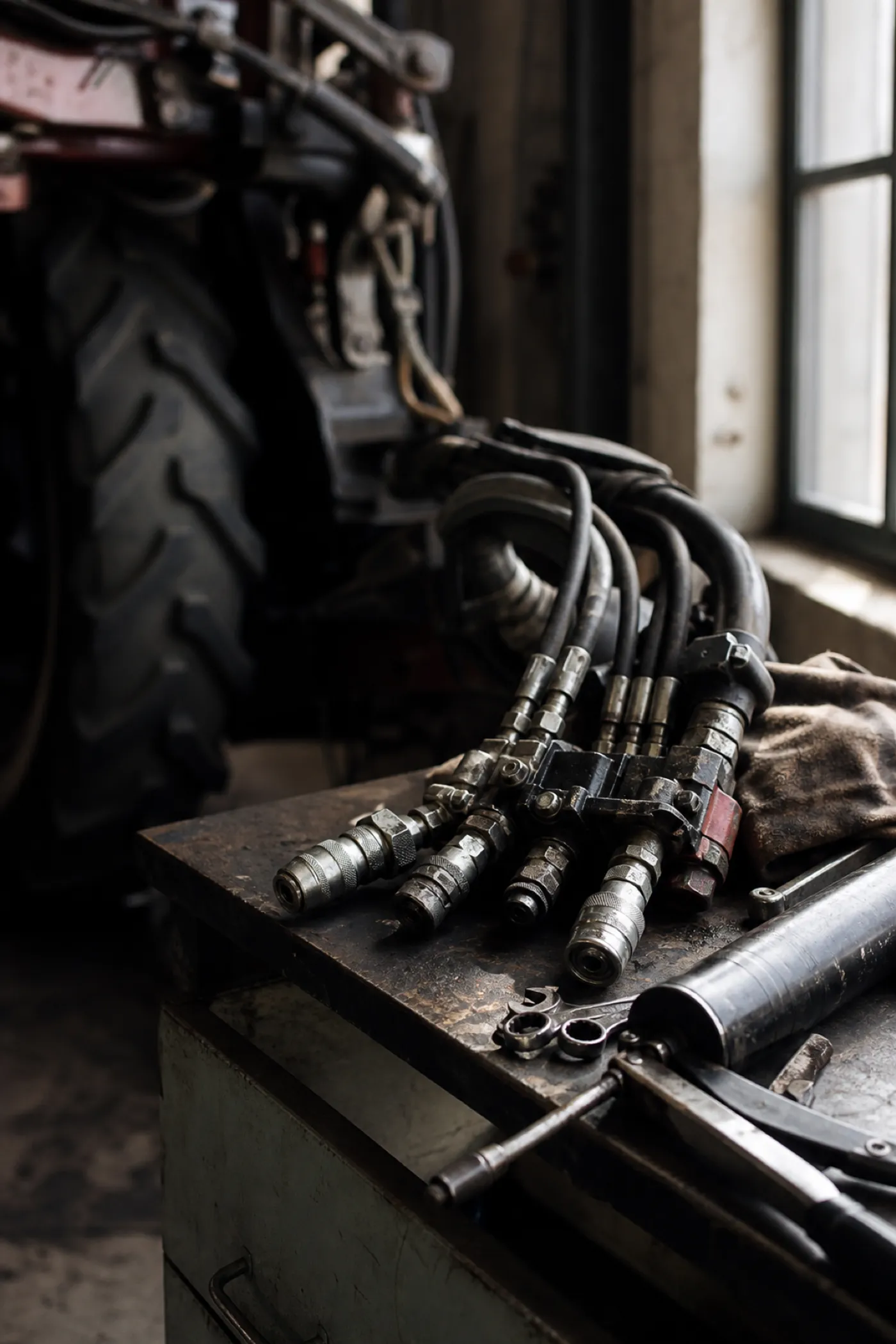 Farm machinery hydraulics on a workshop bench, design risk covered by agricultural engineer PI insurance