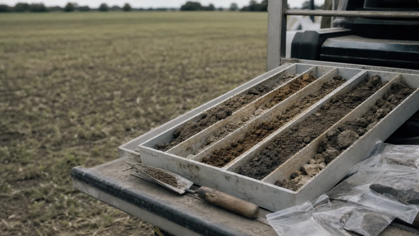 Soil core samples in a tray on a farm ute, agronomist PI insurance