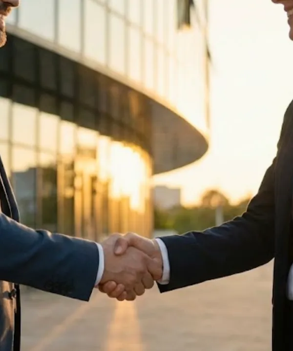 Business professionals shaking hands outside modern glass office building confirming professional services agreement