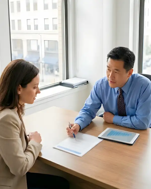 Expert insurance advisor discussing risk management and policy details with a business professional.