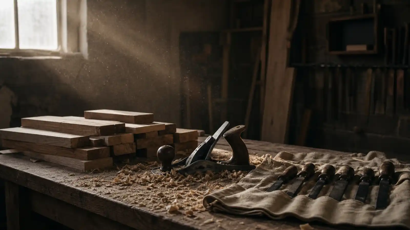 Carpentry workshop bench with hand tools for apprentice host insurance