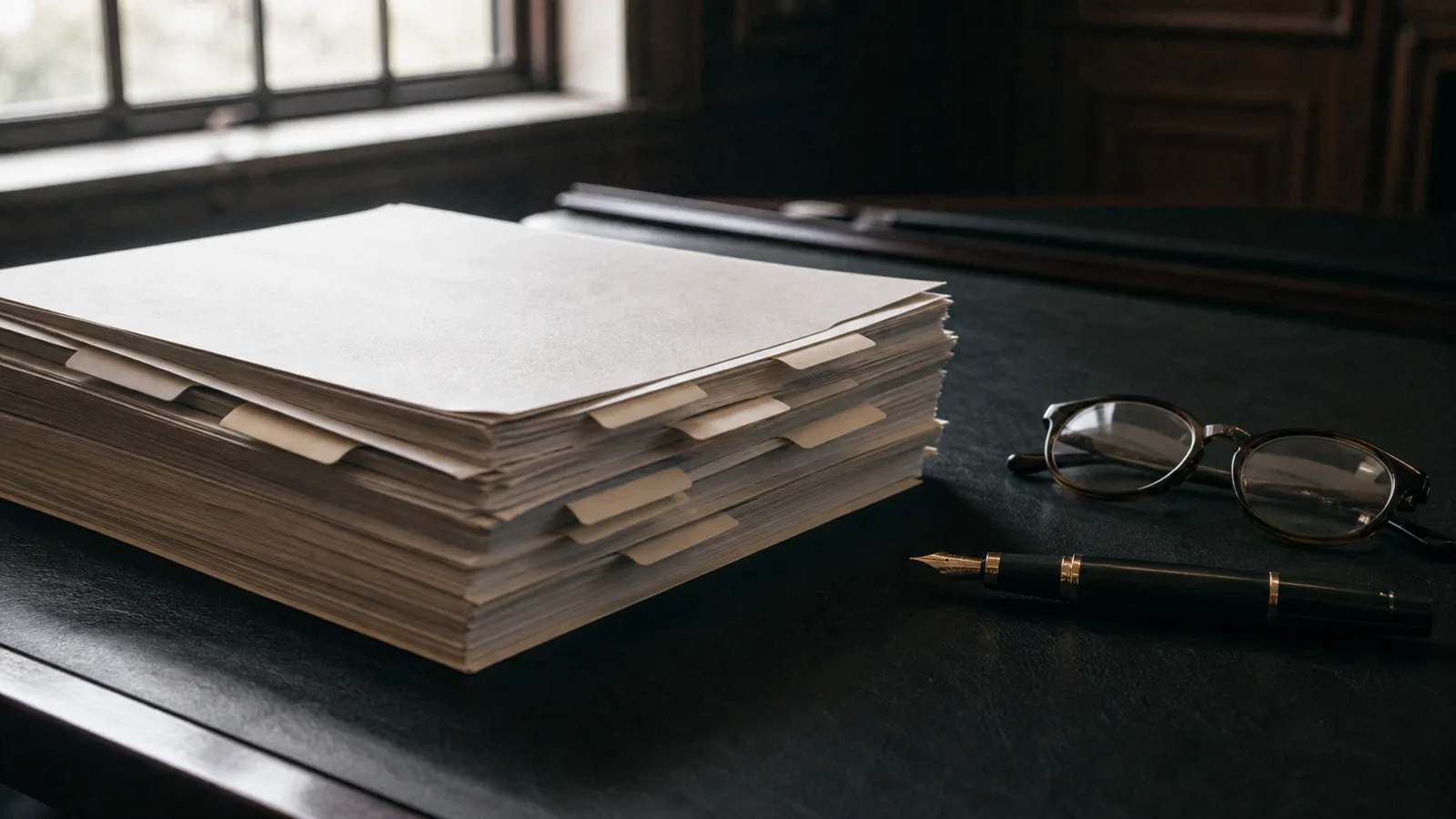 Tabbed evidence bundle and fountain pen on a desk, arbitrator PI insurance