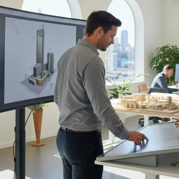 A modern architectural firm office showing a designer reviewing complex building plans on a large digital display for professional indemnity risk assessment.