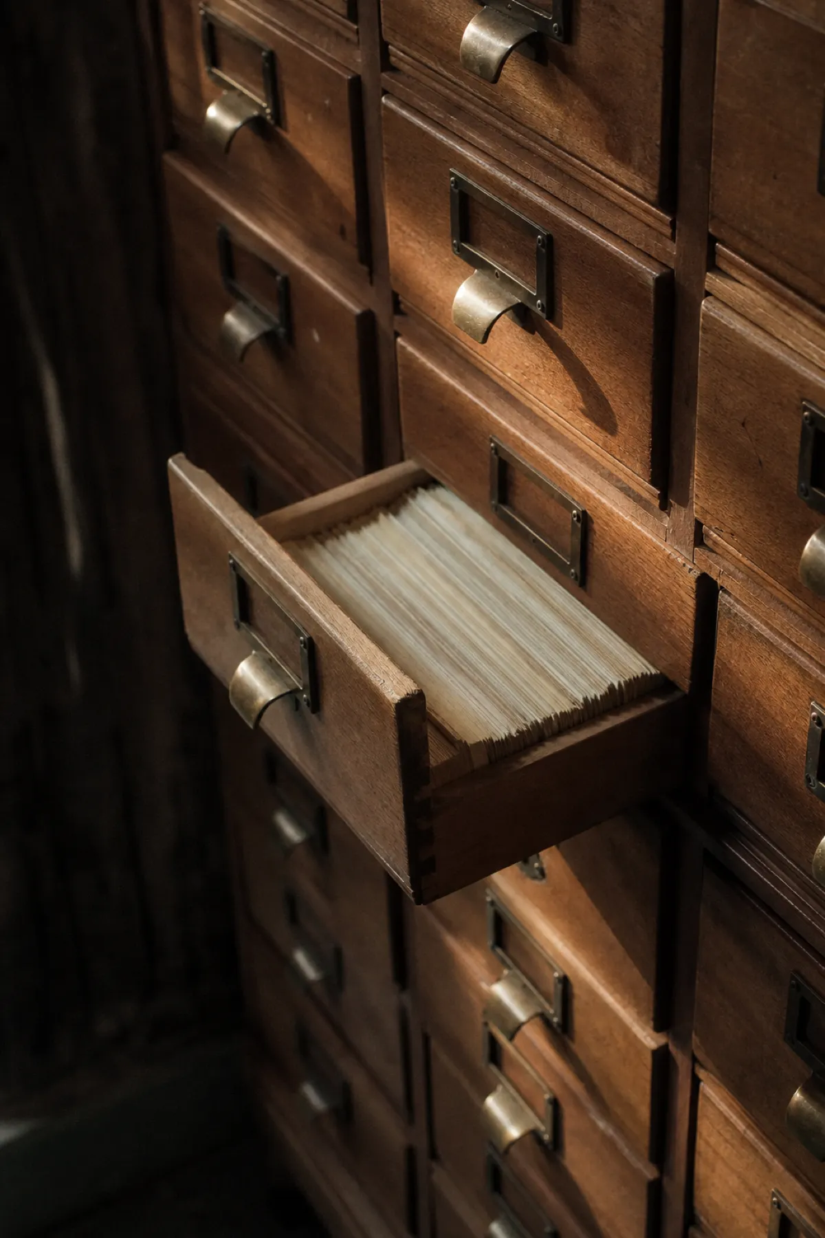 Card catalogue drawers with brass pulls, professional indemnity cover for archivists