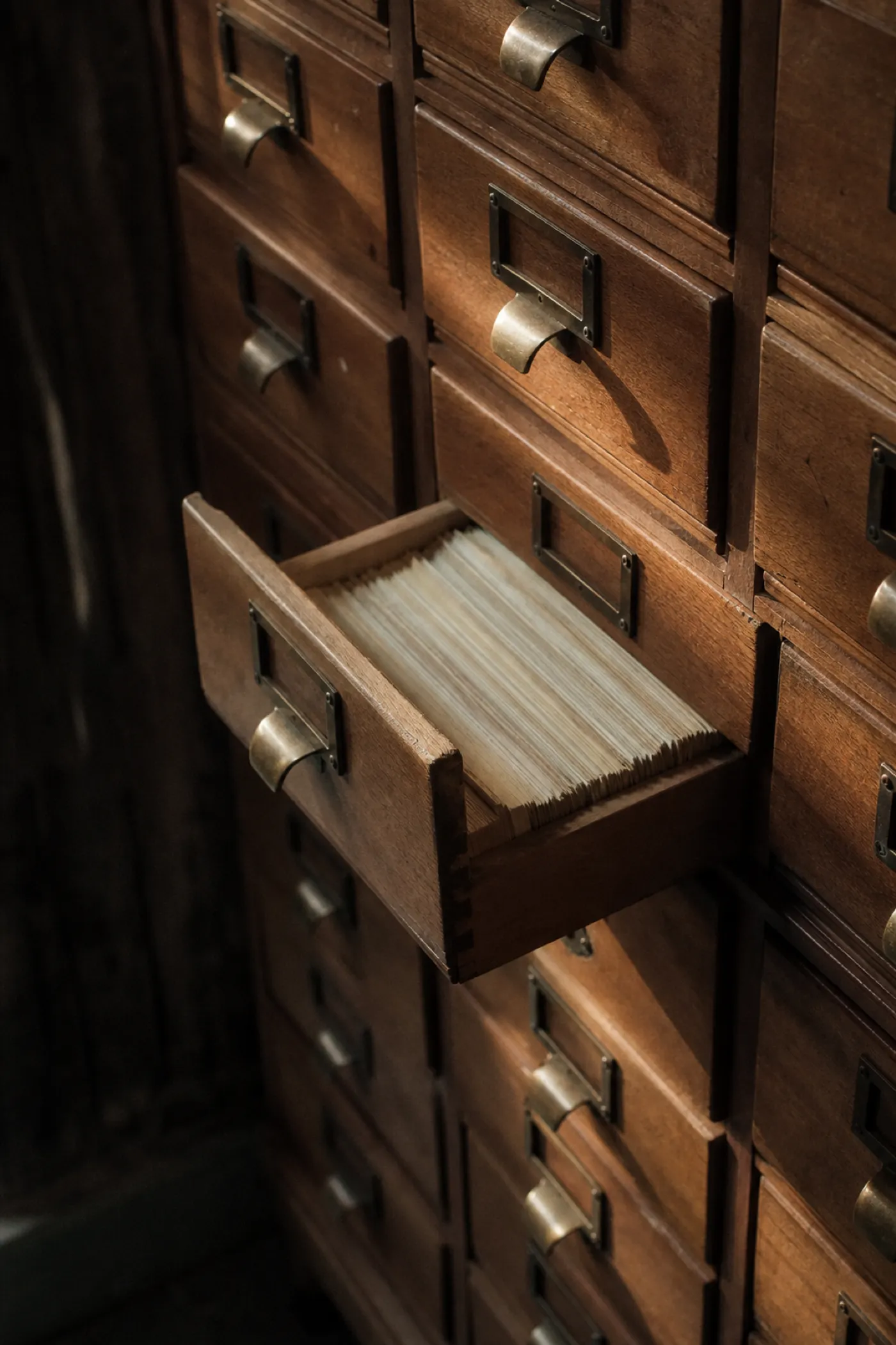 Card catalogue drawers with brass pulls, professional indemnity cover for archivists