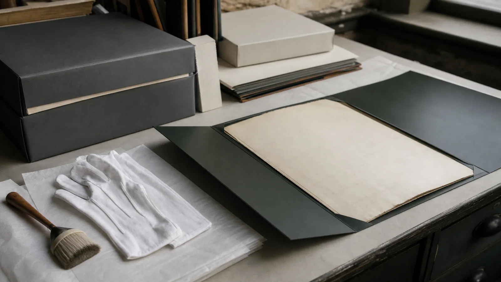 Acid-free boxes and cotton gloves on a conservation bench, archivist PI insurance