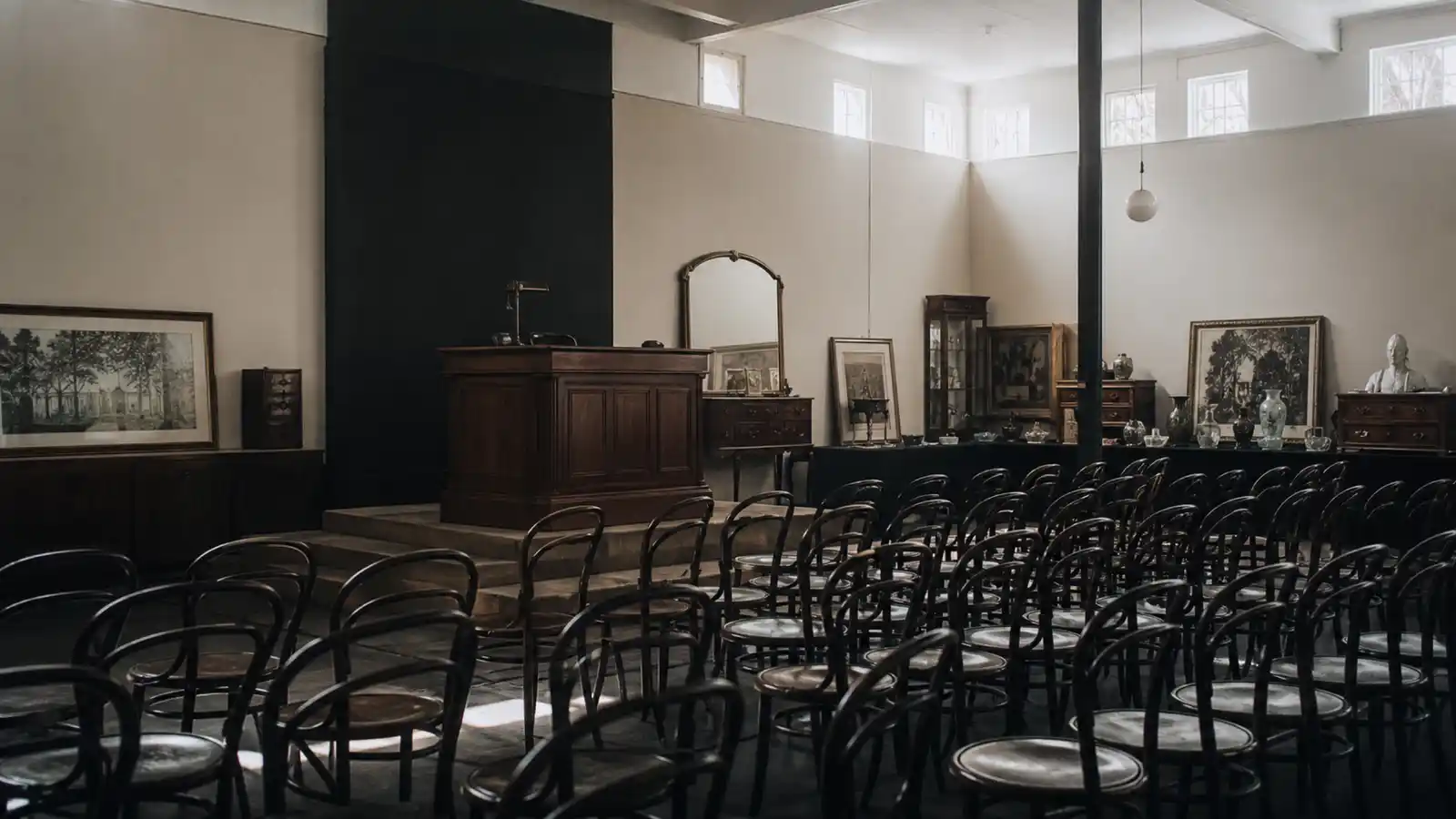 Empty auction saleroom with chairs facing the rostrum, auctioneer professional indemnity insurance