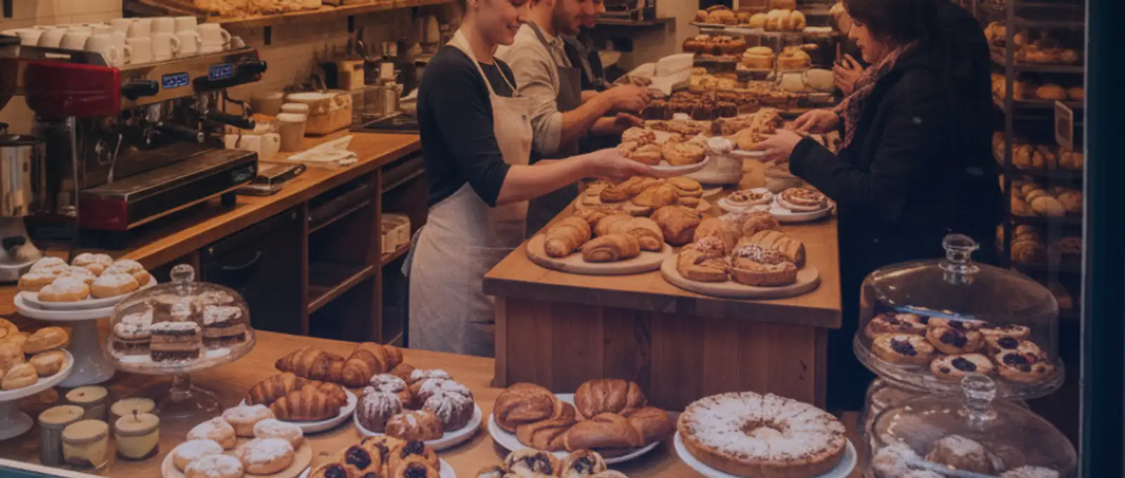 Friendly bakery staff serving a customer at a busy counter with fresh pastries, representing public liability and product risk insurance for retail bakeries.