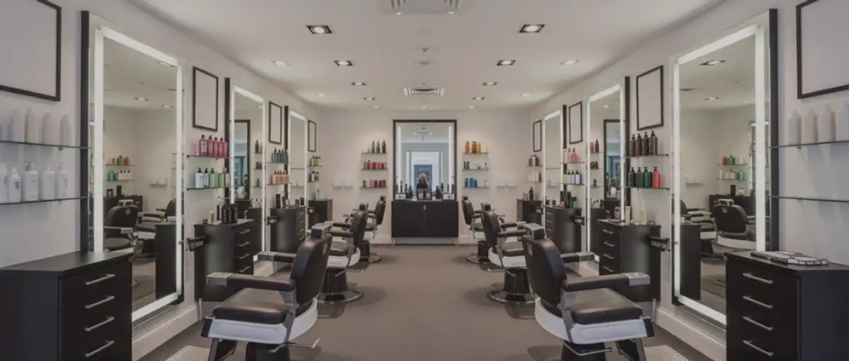 Modern, brightly lit barbershop interior with high-end LED mirrors and leather chairs, representing shopfront and contents insurance for hair salons and barber businesses.