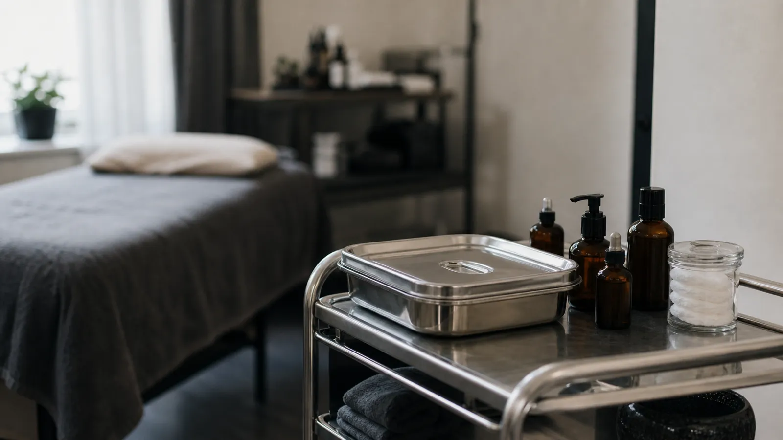 Sterilised implements and oils on a salon trolley, beauty therapist PI insurance