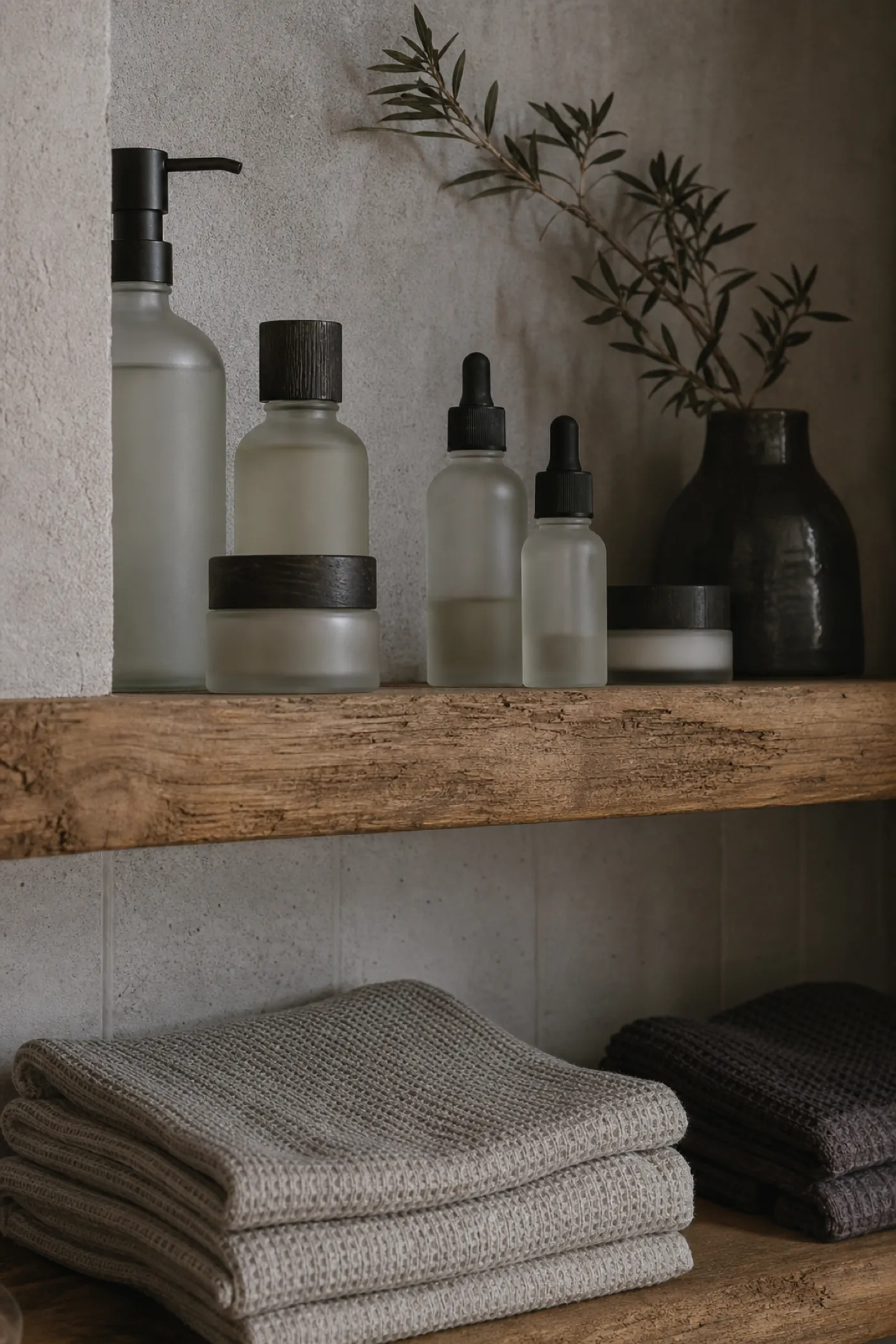 Unbranded skincare bottles and folded towels on a salon shelf, professional indemnity cover for beauty therapists