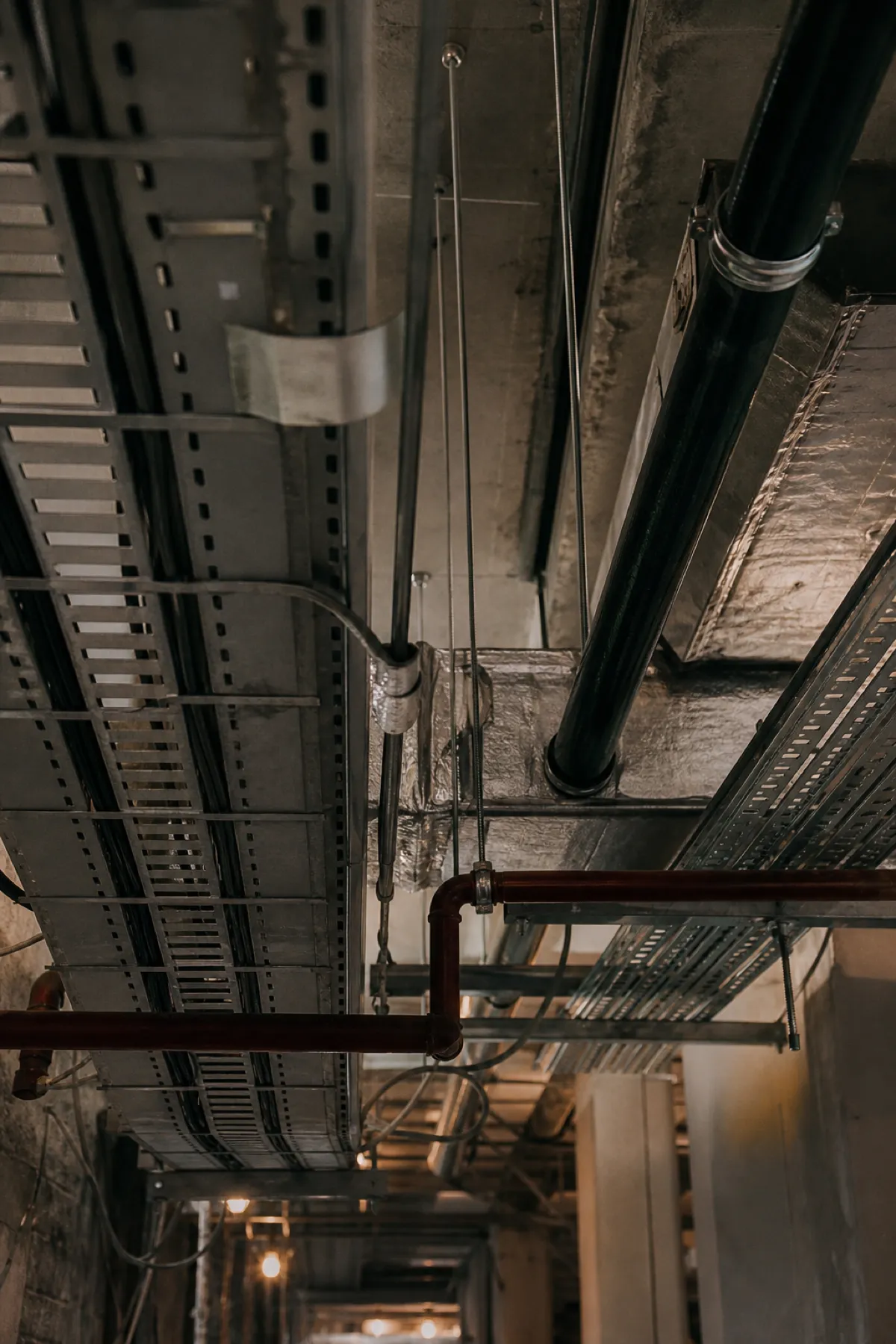 Ducts and cable trays crossing in a ceiling void, professional indemnity cover for BIM managers