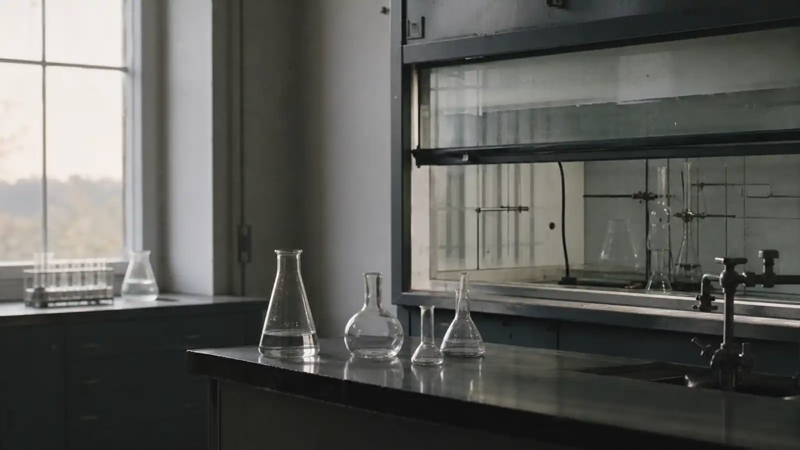 Glassware on a lab bench before a fume hood, biochemist professional indemnity insurance
