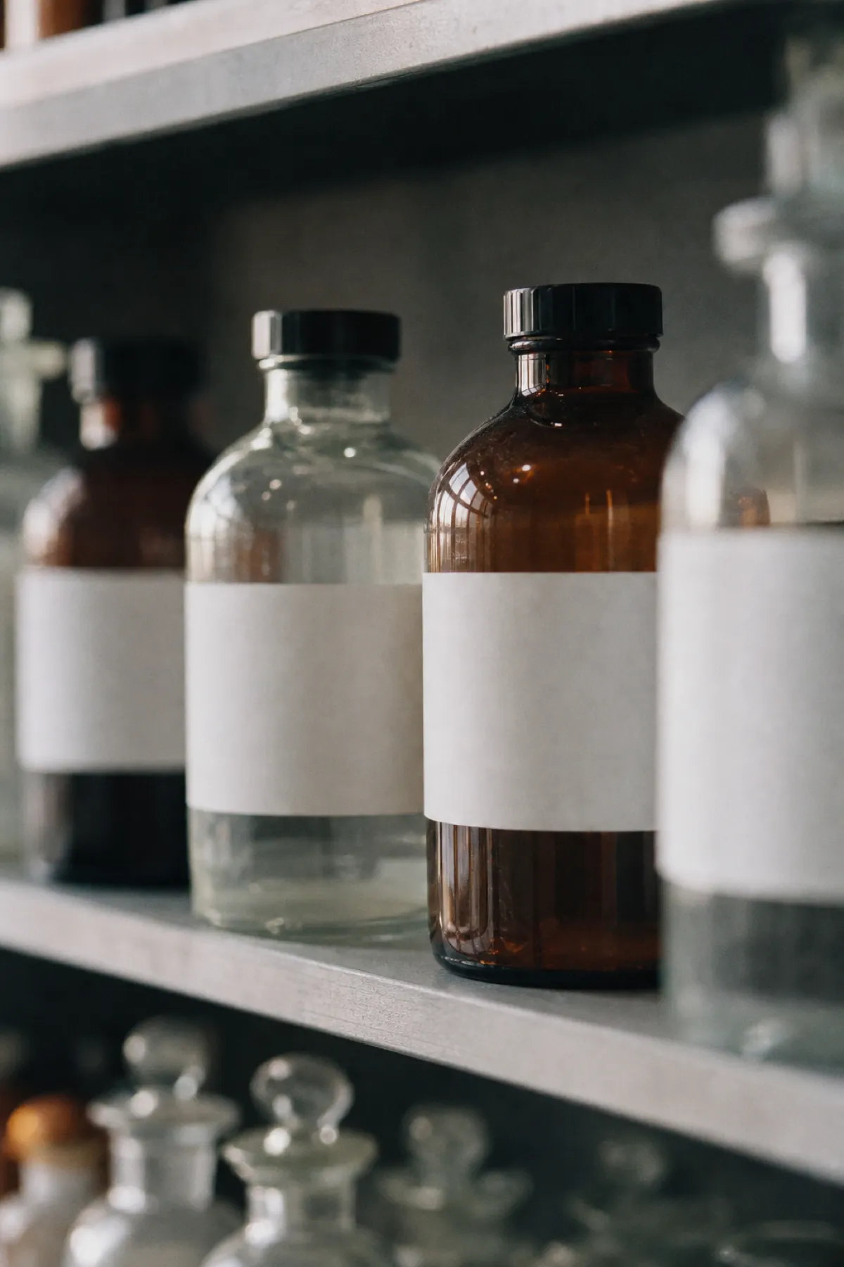 Reagent bottles on a laboratory shelf, professional indemnity cover for biochemists