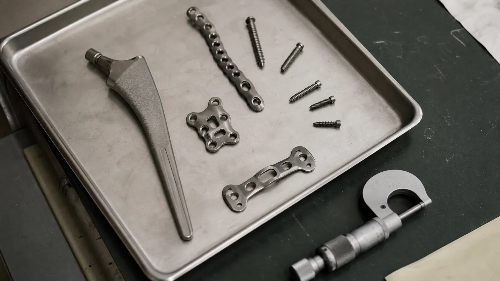 Machined medical implant components on a stainless tray - biomedical engineering risk