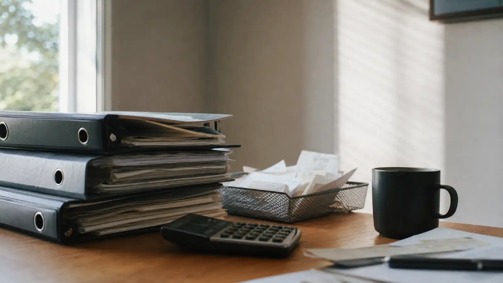Home office desk with binders and calculator, professional indemnity for a new BAS agent registration