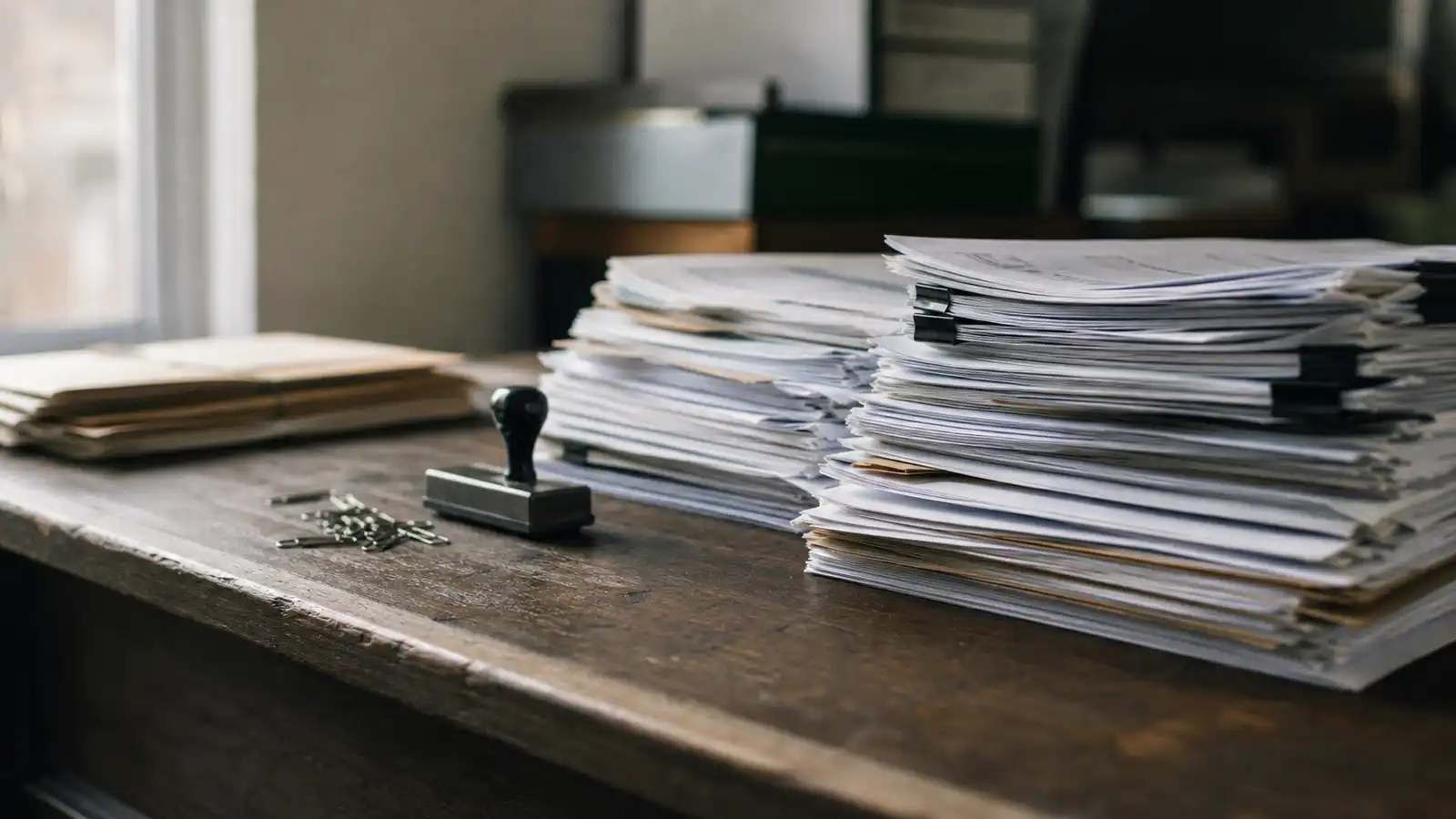 Receipts sorted into piles on a bookkeeper's desk, cyber insurance for bookkeepers