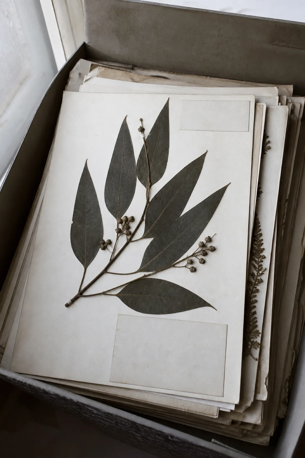 Pressed eucalyptus specimens on herbarium sheets, professional indemnity cover for botanists