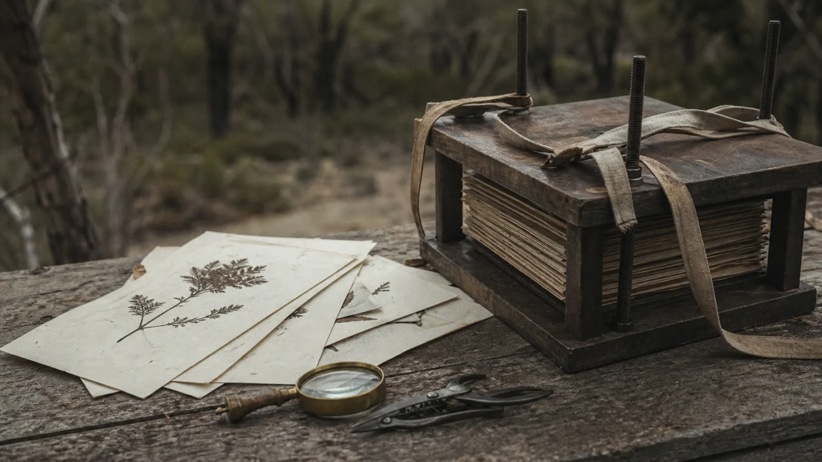 Plant press and specimen sheets with hand lens, botanist PI insurance