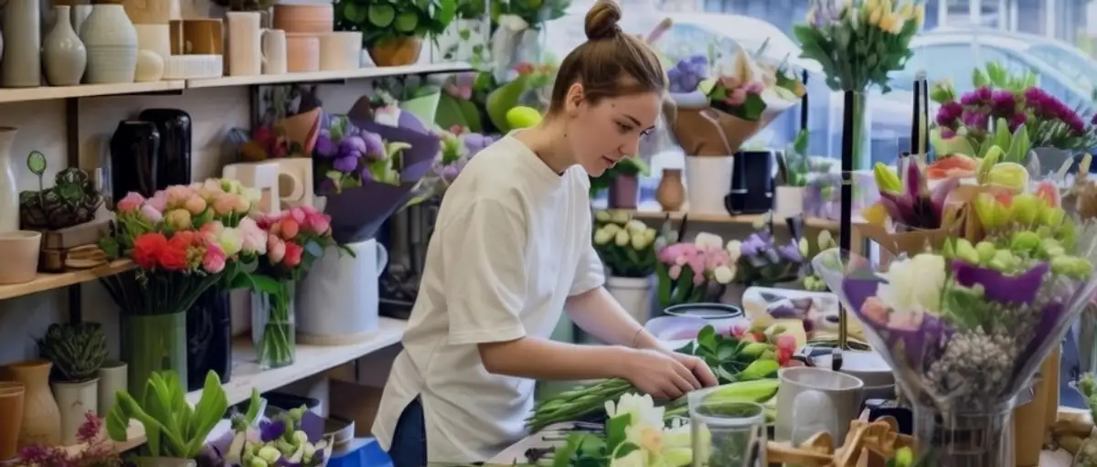 Florist preparing arrangements in a busy workshop surrounded by colourful bouquets, roses, and perishable flower stock