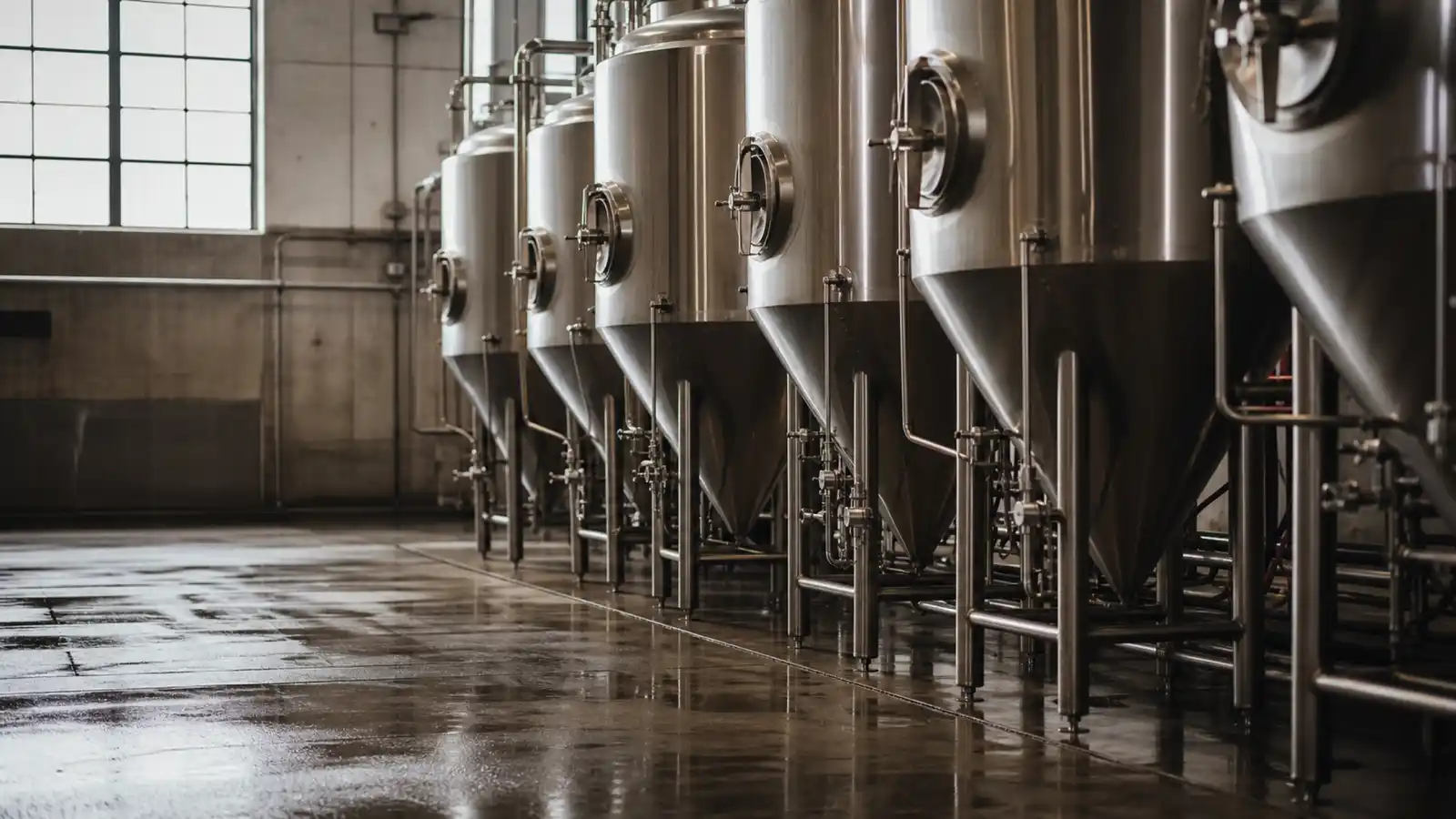 Stainless fermentation tanks inside an Australian craft brewery