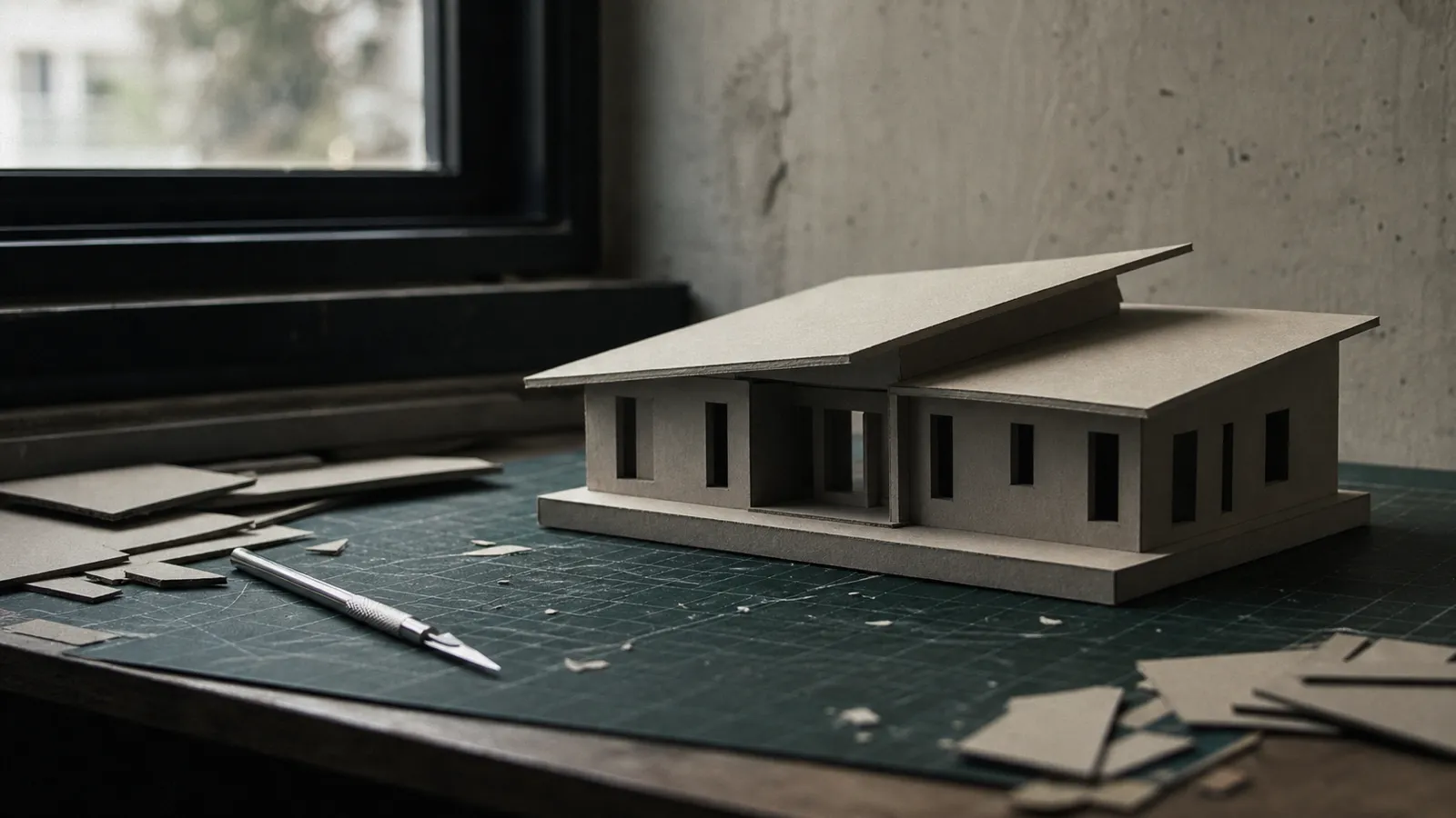 Cardboard massing model of a house on a cutting mat, building designer PI insurance