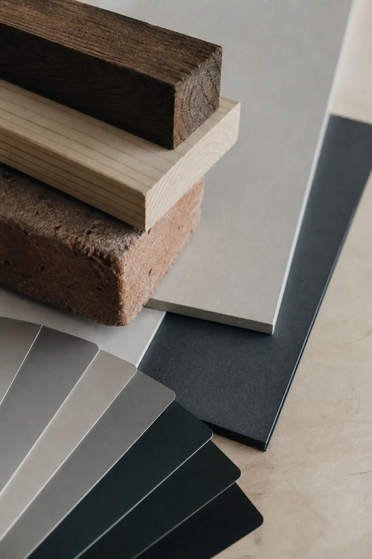 Cladding and finish samples on a benchtop, professional indemnity cover for building designers