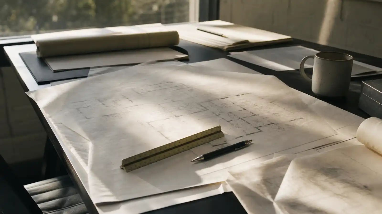 Residential floor plan under tracing paper with scale rule, building designer professional indemnity insurance