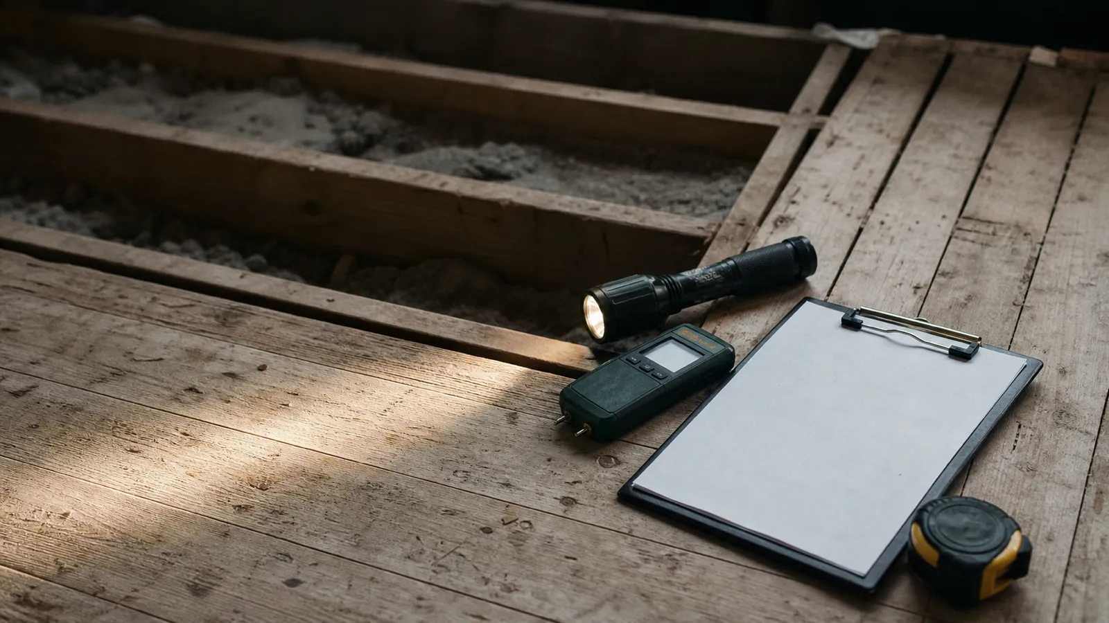 Moisture meter, torch and clipboard on subfloor boards, building inspector PI insurance
