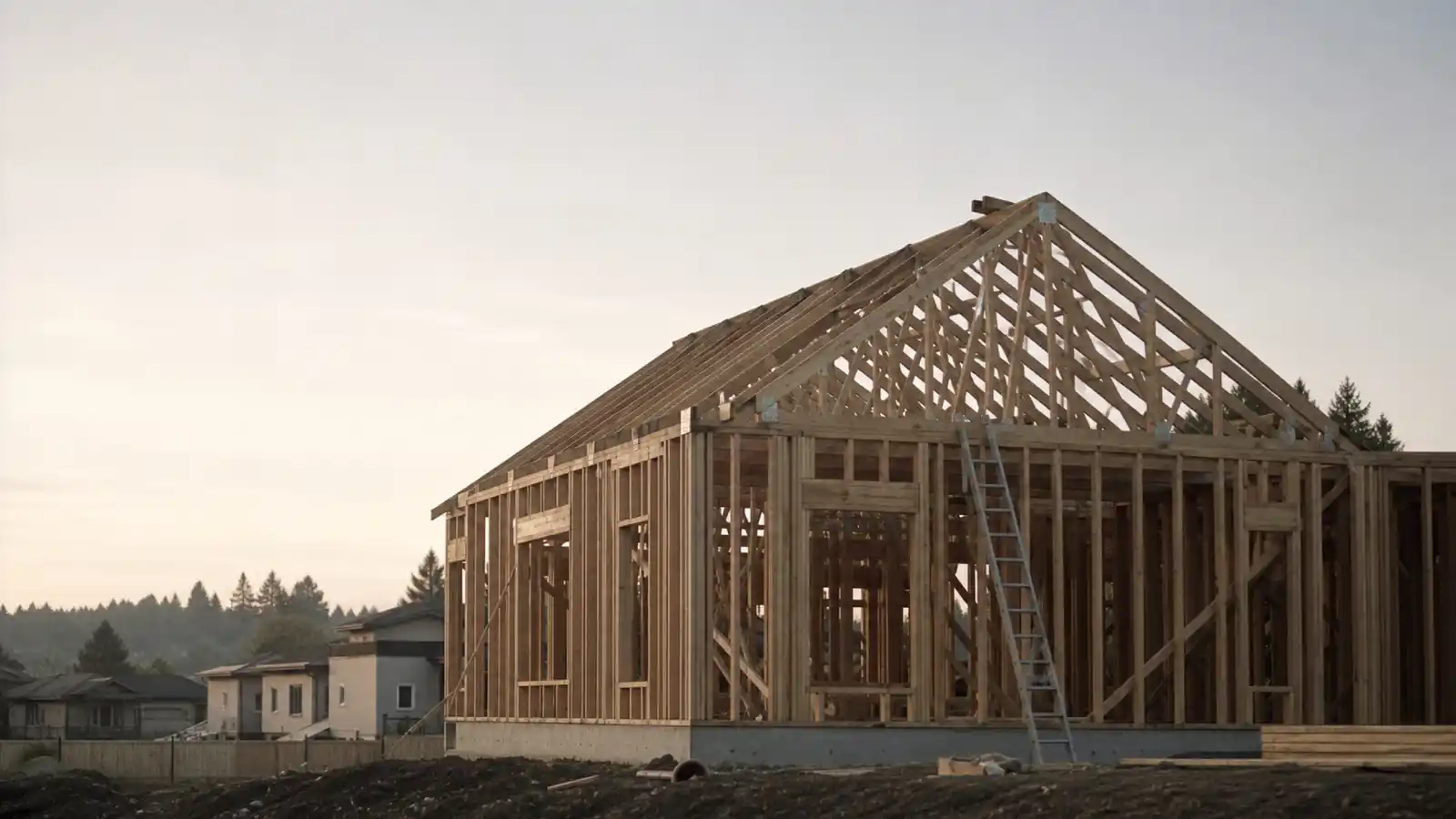 Timber house frame with ladder at inspection stage, building inspector professional indemnity insurance