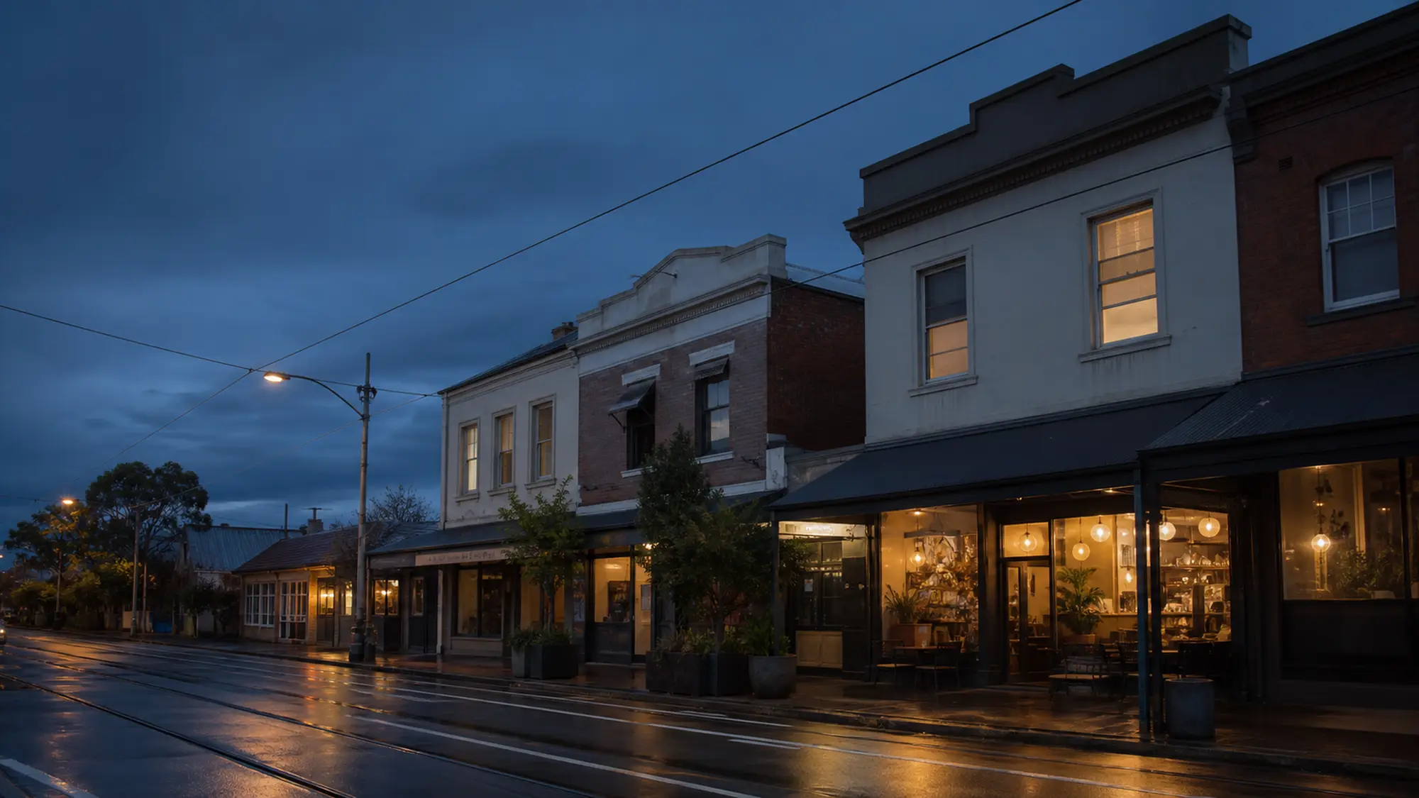 Shop-top buildings at dusk with warmly lit cafes below and residential windows above