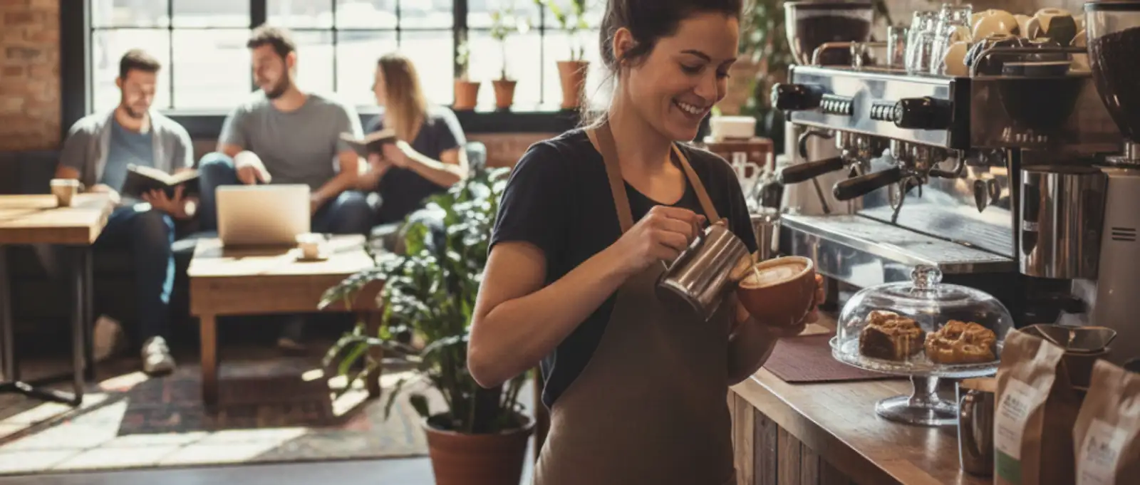 Friendly barista preparing specialty coffee at a busy cafe counter, representing public liability and equipment breakdown insurance for cafes.