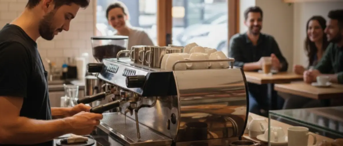 Close-up of a professional espresso machine in a modern cafe, highlighting the importance of business contents and machinery breakdown insurance for coffee shops.