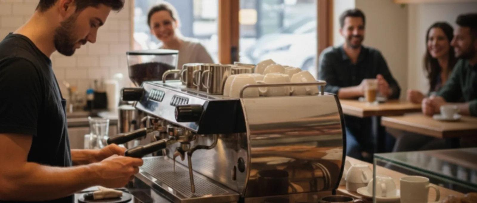 Close-up of a professional espresso machine in a modern cafe, highlighting the importance of business contents and machinery breakdown insurance for coffee shops.
