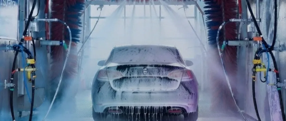 Close-up of the front of a luxury car in an automatic wash bay with vibrant pink and orange lighting, highlighting machinery breakdown and equipment protection for car washes.