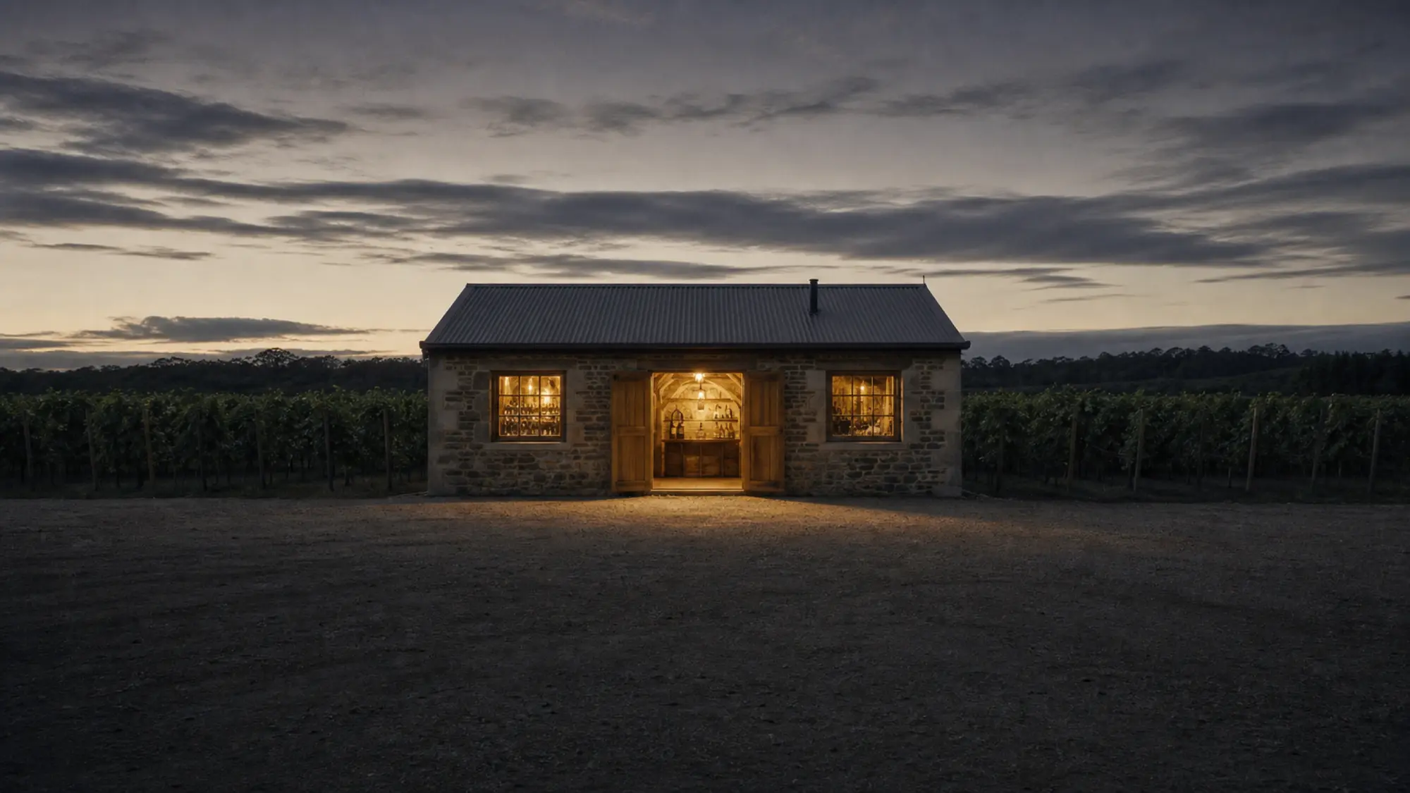 Stone cellar door building beside a vineyard at dusk