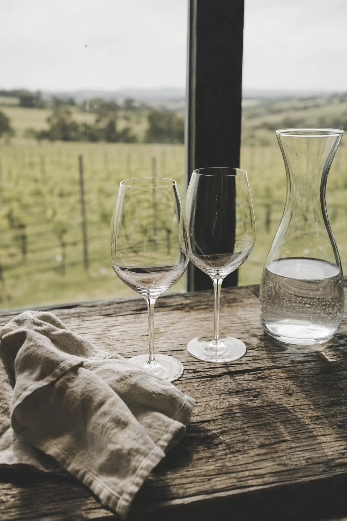 Wine glasses and water carafe on a cellar door tasting bench