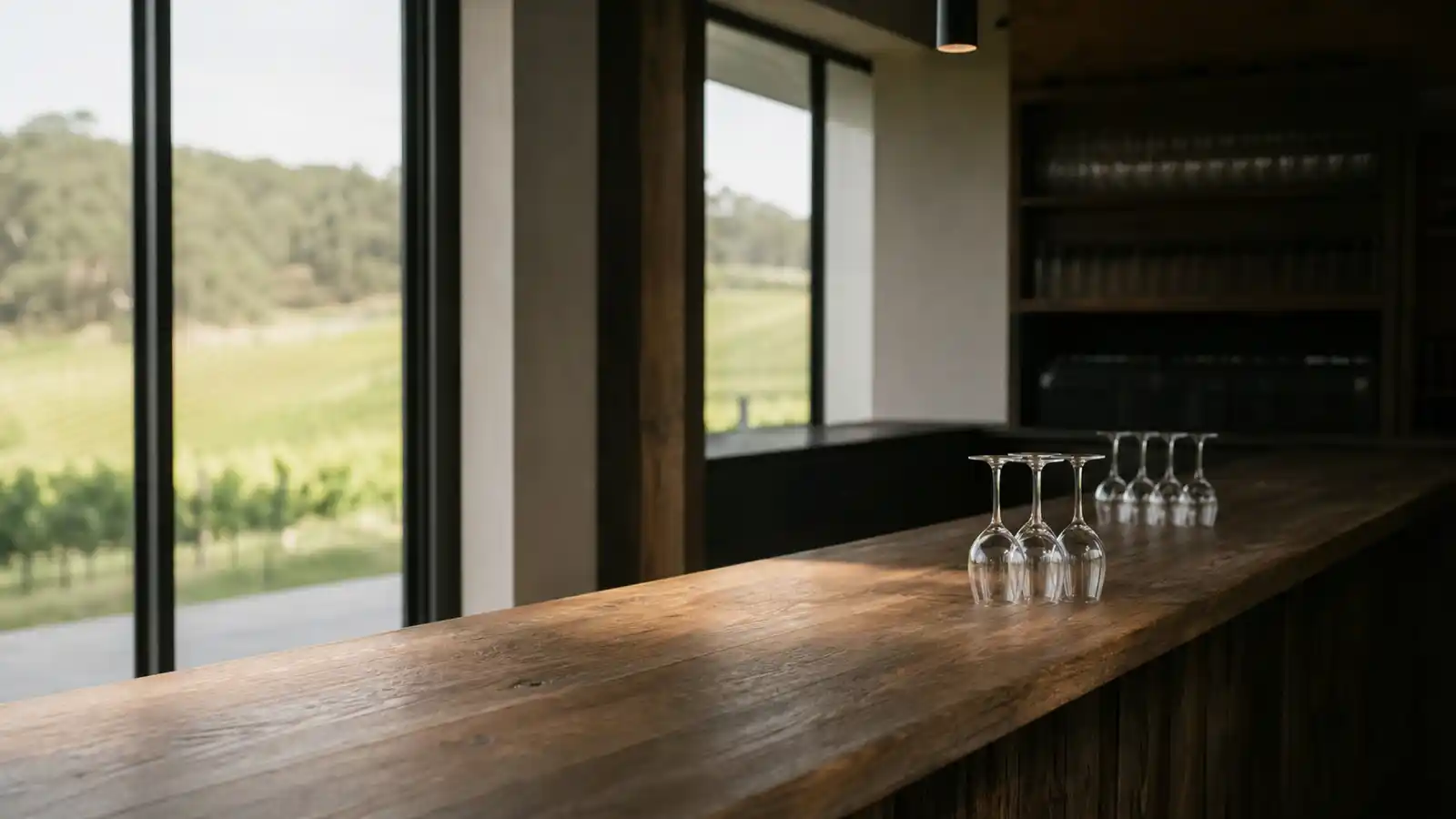 Cellar door tasting counter overlooking an Australian vineyard