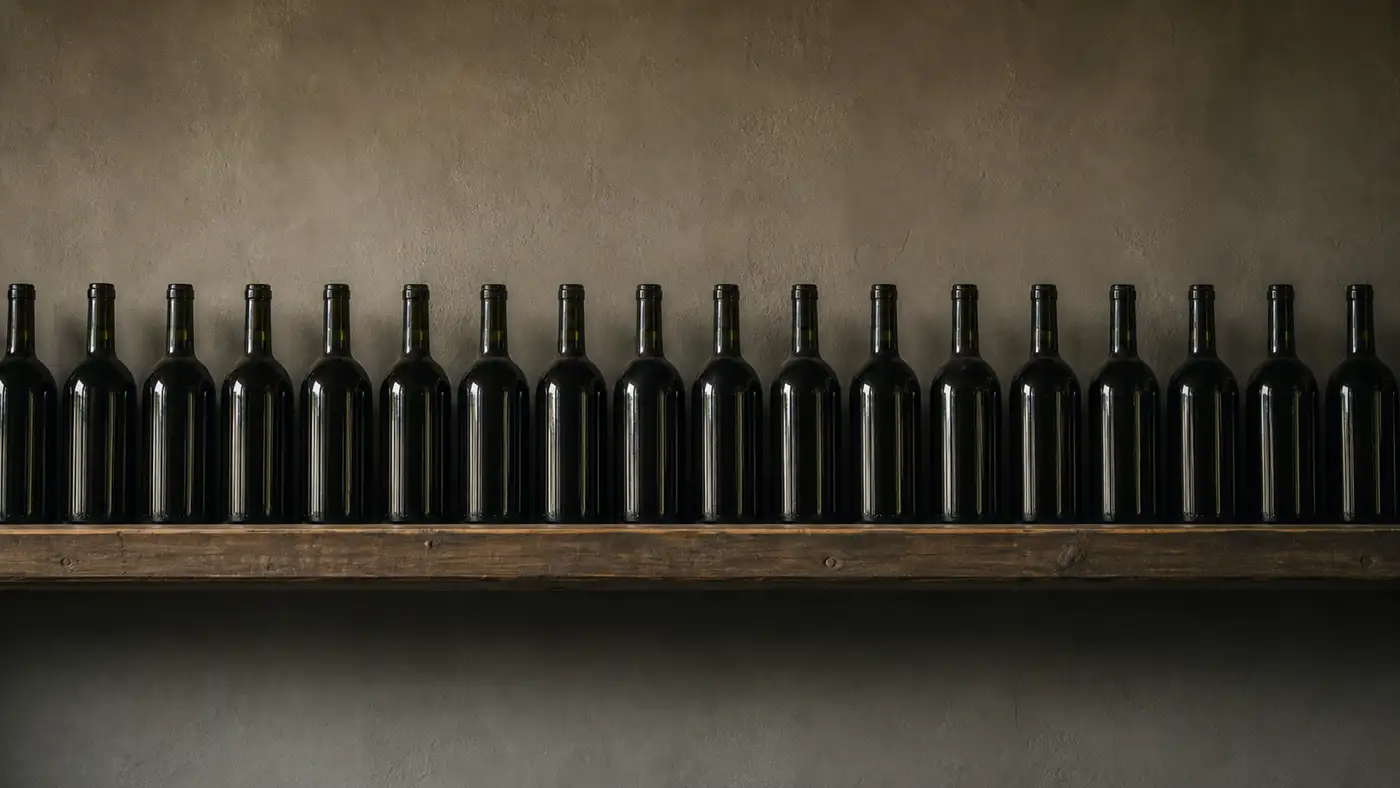 Row of unlabelled wine bottles for cellar door retail stock insurance