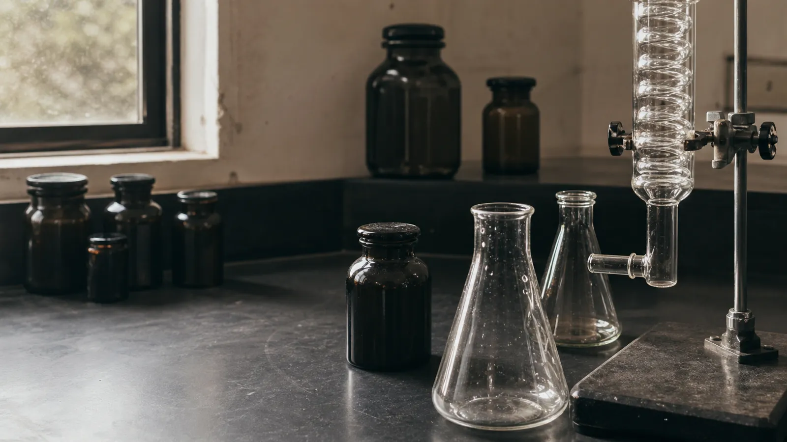 Laboratory glassware on a chemistry bench - chemical engineering consulting risk