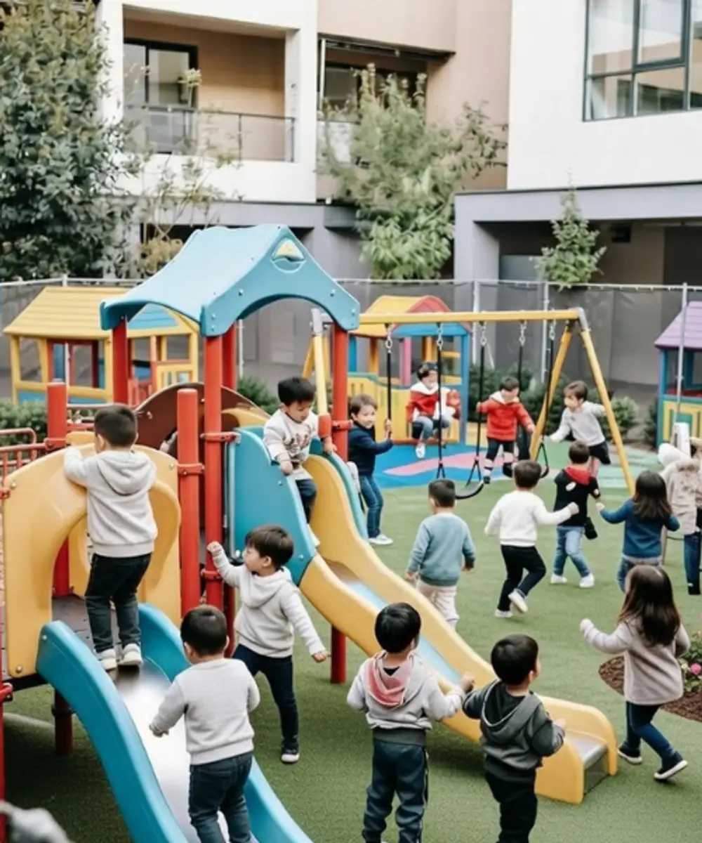 Vibrant outdoor play area of a modern Australian early learning centre and preschool with children playing in a sandpit and on climbing equipment under a shade sail.