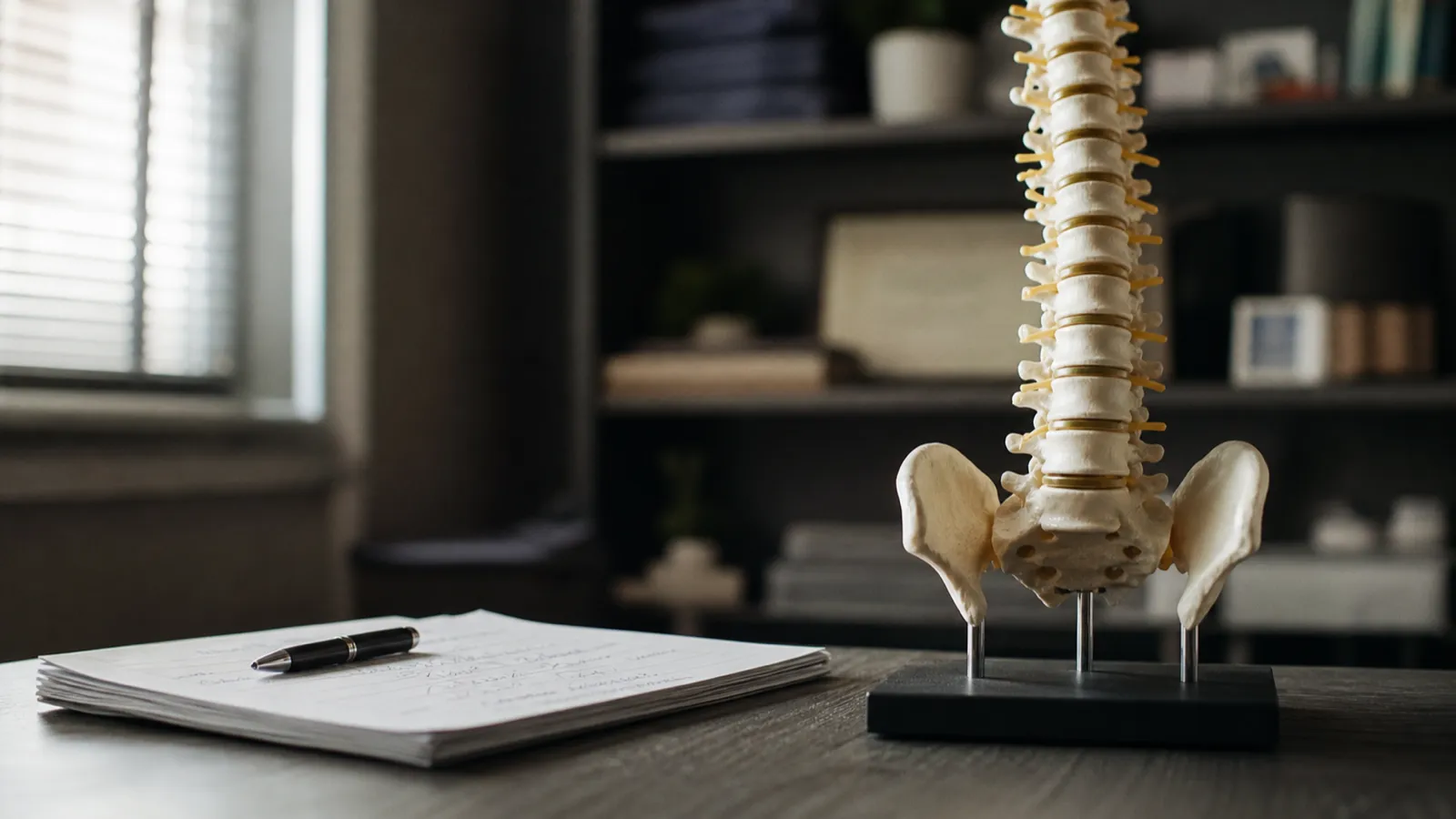 Spine model and assessment notes on a consultation desk, chiropractor professional indemnity
