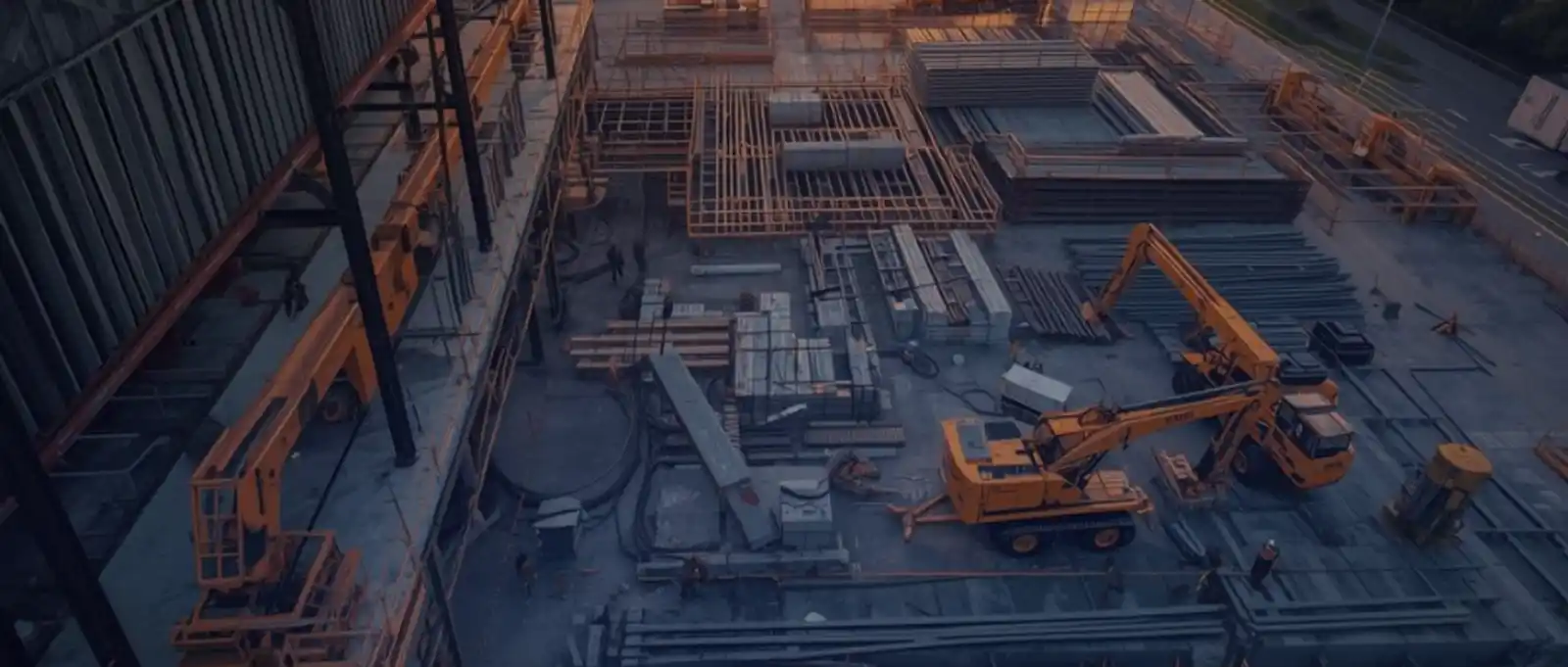Aerial view of a Tier 1 civil construction site with excavators, cranes, and steel framework at dusk – highlighting the scale and risk exposure requiring comprehensive civil construction insurance
