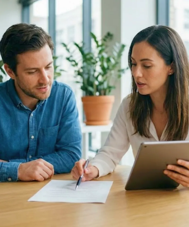 Client consulting with a specialist professional indemnity insurance broker in a modern office